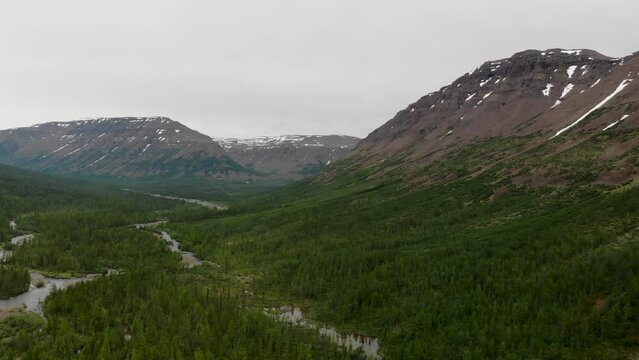 Aerial view of the forest and river at Putorana plateau