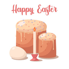 Easter orthodox bakery cakes with candles and easter colored eggs. Happy Easter poster or greeting card. Flat vector illustration
