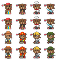Vector Illustration of Cute sitting Bear costume with hand up pose. Set of cute little Bear characters. Collection of funny little bear isolated on a white background.