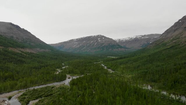 Aerial view of the forest and river at Putorana plateau