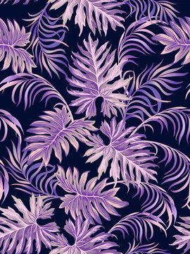 	
Blue tropical palm leaves seamless vector pattern on the black background. Trendy summer print.	
