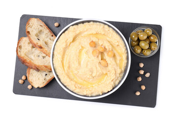 Concept of tasty food with hummus, top view