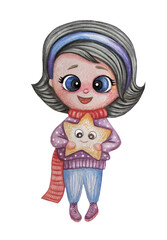 Cute brunette girl with hairstyle with star in her hands. Watercolor. Hand drawn, isolated on white background. kids collection for decor and design and printing. Friendship character concept .