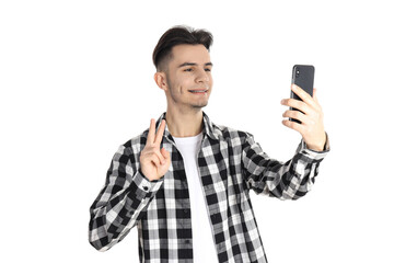 Guy in shirt with phone isolated on white background