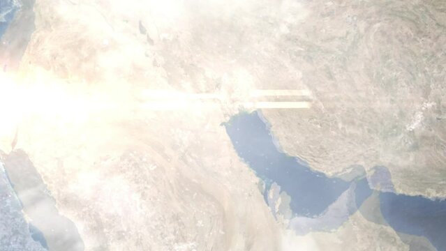 Earth zoom in from outer space to city. Zooming on Kuwait, Kuwait city. The animation continues by zoom out through clouds and atmosphere into space. View of the Earth at night. Images from NASA