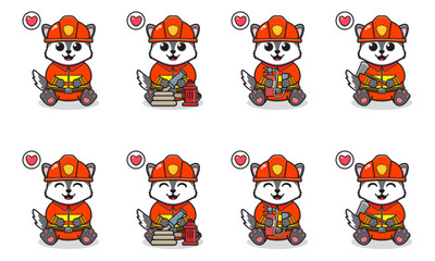 Vector Illustration of Cute sitting Wolf cartoon with Firefighter costume. Set of cute little Wolf characters. Collection of funny little wolf isolated on a white background.
