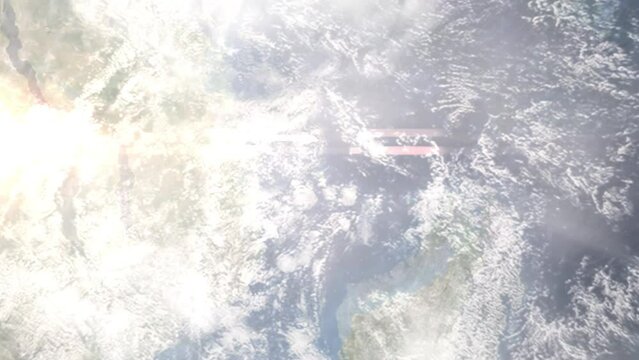 Earth zoom in from outer space to city. Zooming on Comoros, Moroni. The animation continues by zoom out through clouds and atmosphere into space. View of the Earth at night. Images from NASA