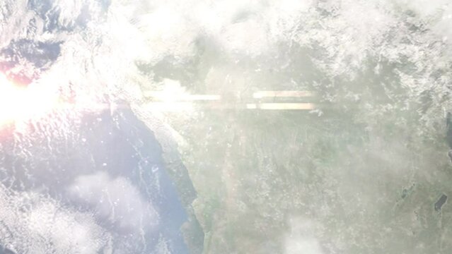 Earth zoom in from outer space to city. Zooming on Congo, Brazzaville. The animation continues by zoom out through clouds and atmosphere into space. View of the Earth at night. Images from NASA