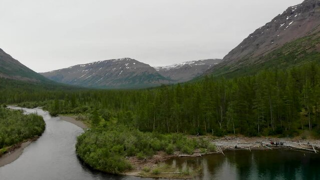 Aerial view of the forest and river at Putorana plateau