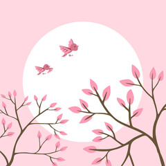 Spring tree with birds on a pink sun background. Beautiful nature. Decoration design for a postcard. Cartoon illustration