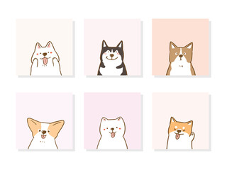 A Set of Cute Cartoon Dog Characters on Pastel Color Backgrounds. Vector Illustration.