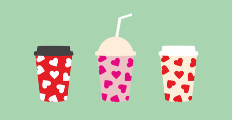 Paper cups with lids and straws. Valentine's Day vector illustration, print heart. Disposable cup for coffee and drink.Smoothies and milkshakes cups.Cocktail.Cafe. Coffee house. Colorful Isolated flat