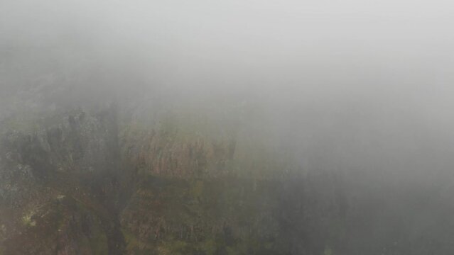 Aerial view of the landscape in the fog at Putorana plateau