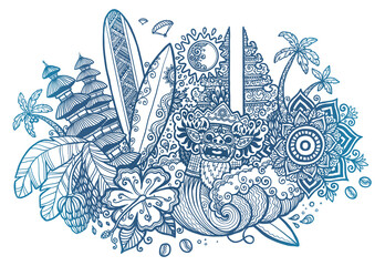 Bali island landmarks doodle line-art style vector illustration. Barong, temples, surfboards and flowers isolated on white background