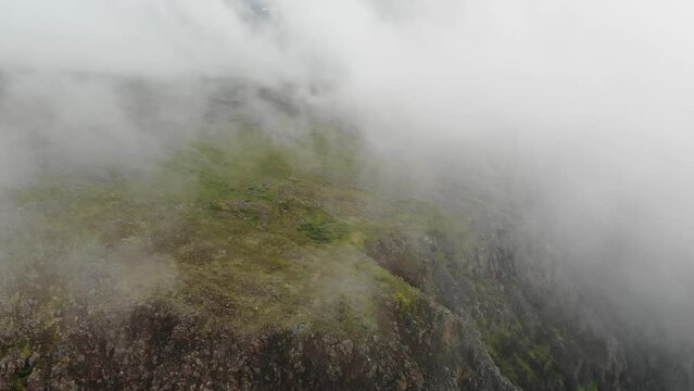 Aerial view of the landscape in the fog at Putorana plateau