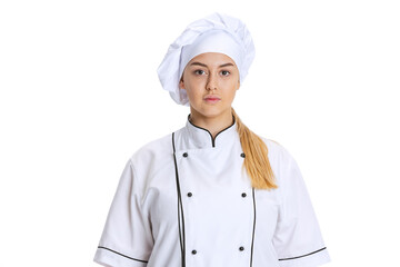 Young woman, lady-cook, chef in white uniform posing isolated on white background. Cuisine, profession, business, food, taste, restaurant concept.