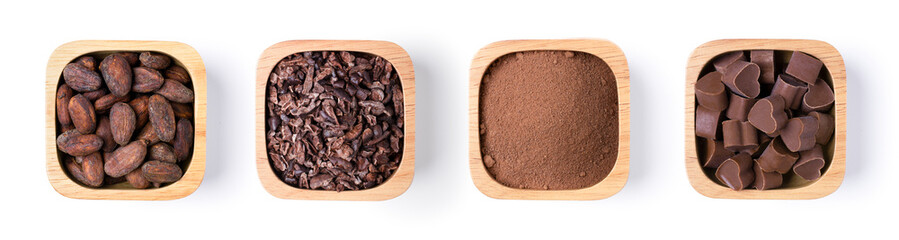 Set of cocoa beans and dark chocolate in wooden bowl isolated on white background. Top view. Flat...