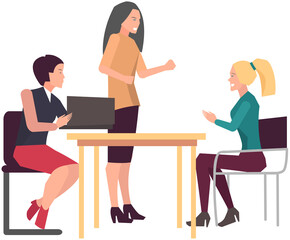 Businesspeople have project strategy planning meeting. Teamwork with business plan, creating new creative project. Meeting to discuss starting business. Colleagues discussing work in entrepreneurship