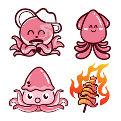 collection set of squid isolated on white background.