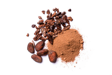 Cocoa powder with cacao beans and cocoa nibs isolated on white background. Top view. Flat lay.