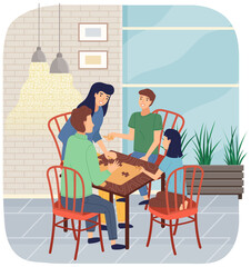 Cheerful family plays table game in apartment. Joyful parent and children sit together at home communicate and rest. Home activities and entertainment. People with board game spend time in living room