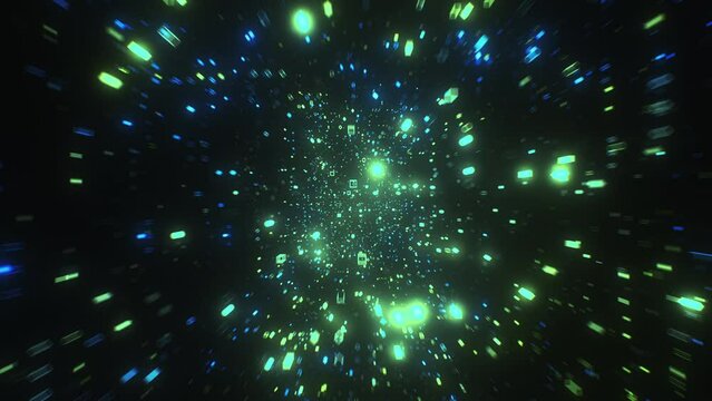 Flying movement digital space sci fi tunnel with green blue neon big data hi tech information flow