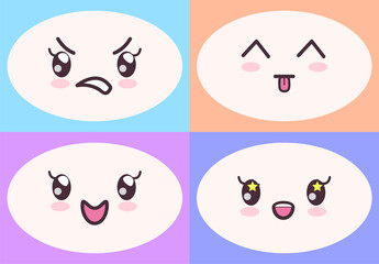 Kawaii cute faces on colorful backgrounds set. Manga style eyes and mouths. Funny cartoon japanese emotion in different face expressions. Anime characters and emotions. Eastern kawaii culture design