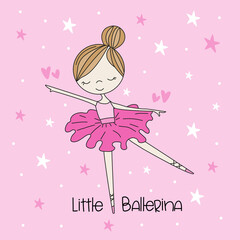 Little Ballerina  - hand drawn ballerina girl vector graphic. Isolated on pink backgound. Good for T shirt print, room decor, poster, card, label and other decoration. © Regina