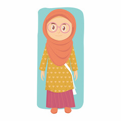 cartoon muslim woman with hijab and cute glasses, for ramadan greeting card, eid al fitr, hijriyah new year, mascot and muslim illustration