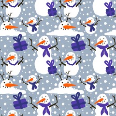 Winter seamless snowman pattern for fabrics and textiles and packaging and gifts and cards and linens and kids 