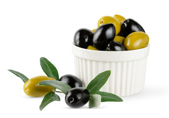 Black and green olives with leaves isolated on white background with clipping path.