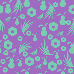 illustration of a seamless patern for Easter. Postcard design. Background for printing on paper, gift wrapping, wallpaper, covers, textiles, fabrics, rabbit, Easter eggs, flowers and hearts.
