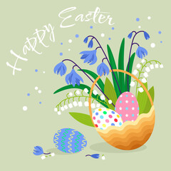 Postcard with a basket of wild flowers and Easter eggs on a light green background for the hарру Easter holiday