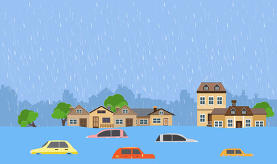 Flood natural disaster with house, heavy rain and storm , damage with home, clouds and rain, flooding water in city, Flooded house.