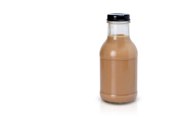 Chocolate milk docoa drink in glass bottle isolated on white background with clipping path.