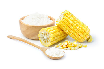 Corn starch in wooden bowl and spoon with fresh sweet corn isolated on white background. 