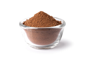 Closeup finely cocoa powder in glass bowl isolated on white background with clipping path.