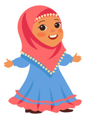 Funny little girl in islamic hijab Muslim kid character