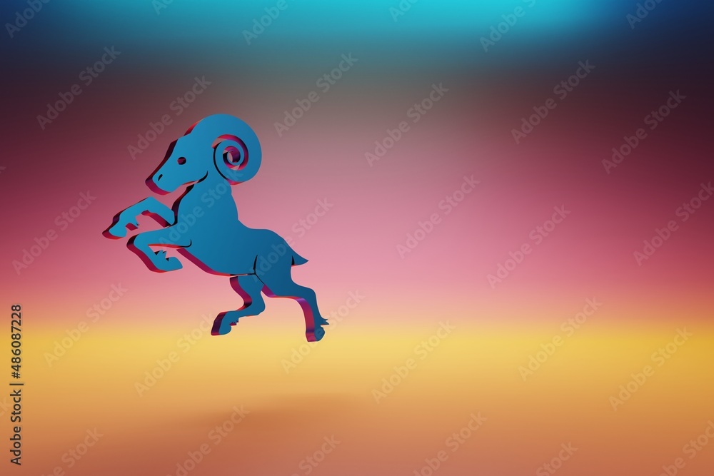 Poster blue zodiac sign capricorn on symbol icons on multicolor bright background. 3d rendering illustratio