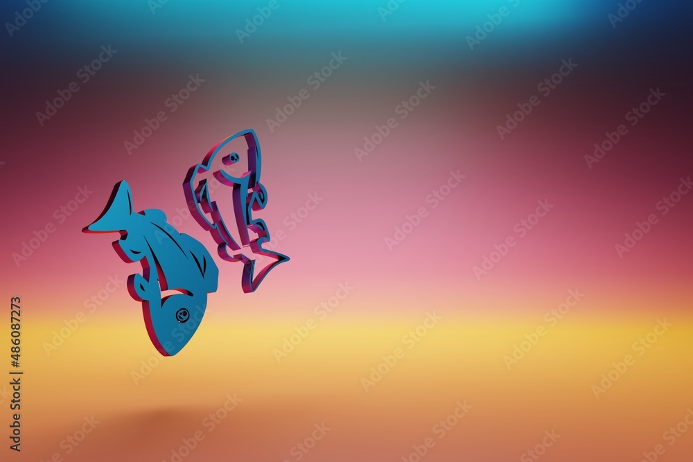 Poster Blue zodiac sign Pisces on symbol icons on multicolor bright background. 3d rendering illustration. Background pattern for design.