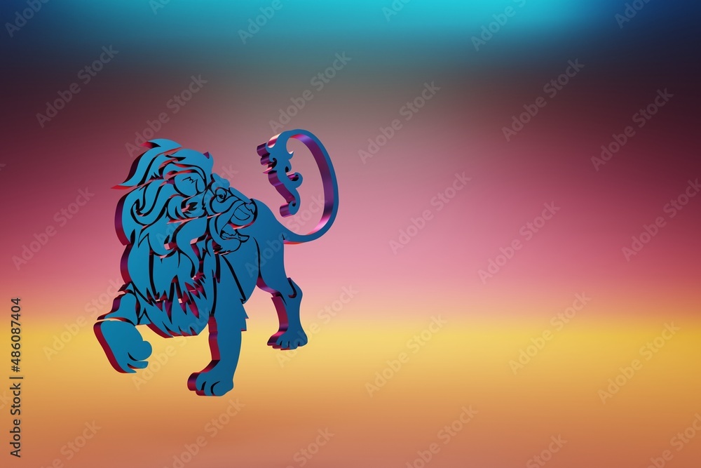 Poster Blue zodiac sign Leo on symbol icons on multicolor bright background. 3d rendering illustration. Background pattern for design.