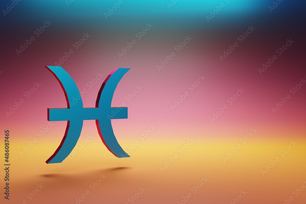 Poster Pisces icon. Beautiful Blue Pisces symbol icons on multicolor bright background. 3d rendering illustration. Background pattern for design.