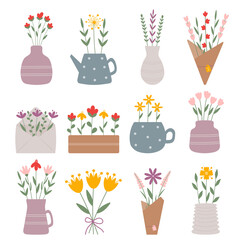 Big collection of cute spring garden flowers, bouquets in vase, pot, ceramic cup and craft paper. Illustration for floristic cards, gift tags, 8 of March and Easter decor, wedding gifts, invitation.