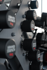 Dumbbells on the dumbbell rack in the gym.
