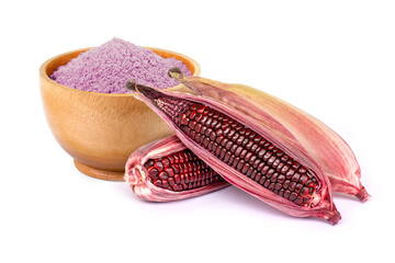 Sweet purple corn (Siam Ruby Queen) with corn flour isolated on white background.