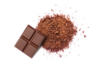 Milk chocolate bar and pile of cocoa powder isolated on white background. Top view. 