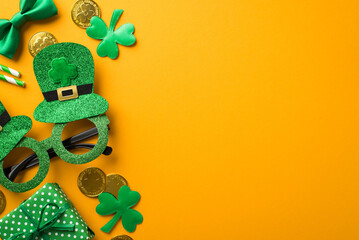 Top view photo of st patrick's day decorations hat shaped party glasses straws green bow-tie...