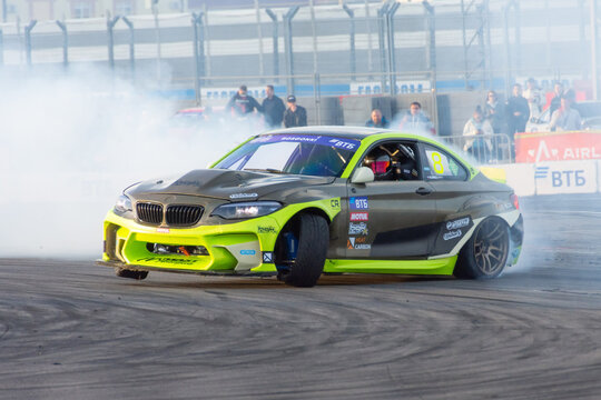 BMW car drifts around turn corners. Russia, Sochi 04 December 2021.