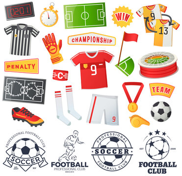 Soccer symbols set, sport football vector banner. Uniform and awards isolated on white, scoreboard and stadium, stopwatch whistle, gate ticket, ball penalty field, clothes and shoes, team championship