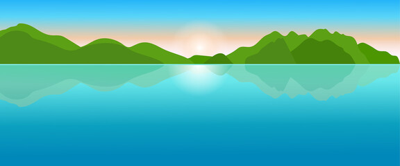 Green mountain and turquoise sea vector landscape background design.